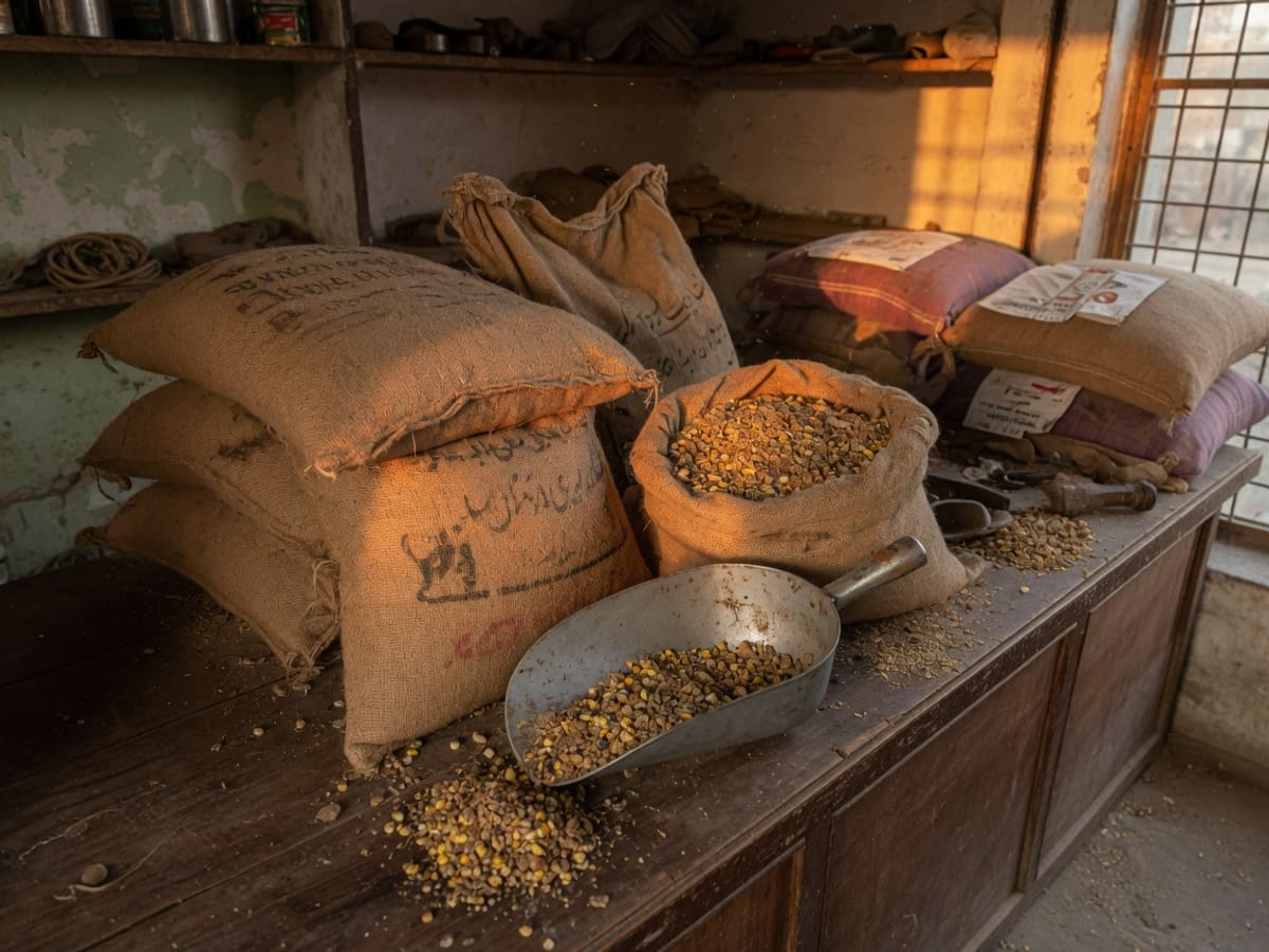 Jute bags of livestock mash in a Multan feed store