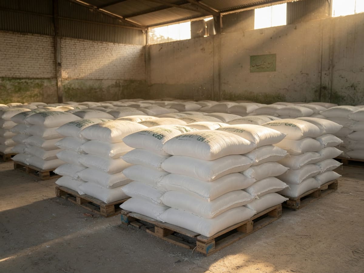 Stacked 50kg fertilizer bags in the Multan warehouse