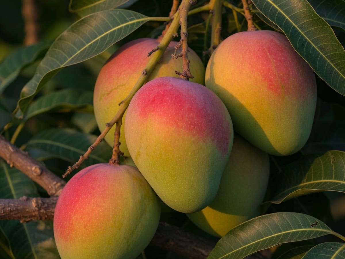 Ripe Pakistani Chaunsa mangoes on the branch in Multan