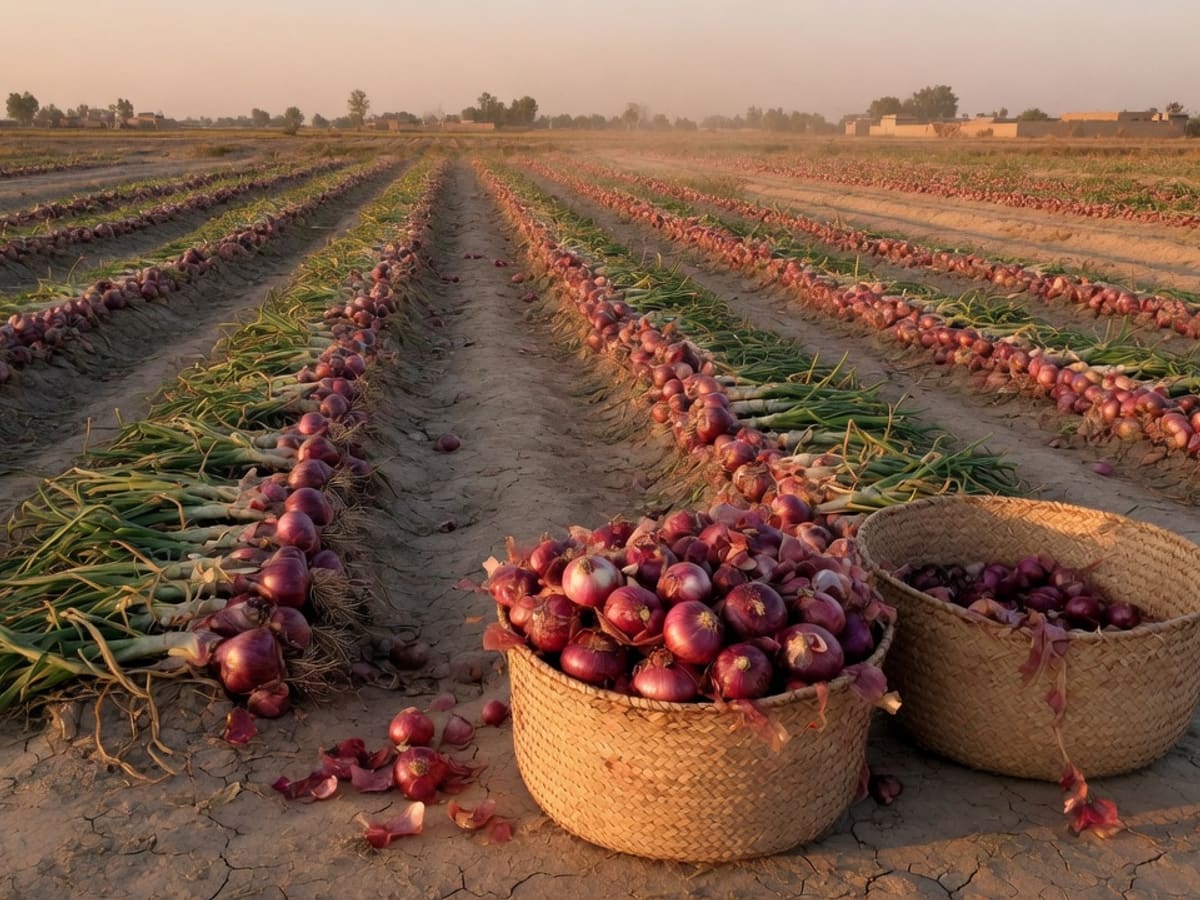 Red onions harvested in a South Punjab field